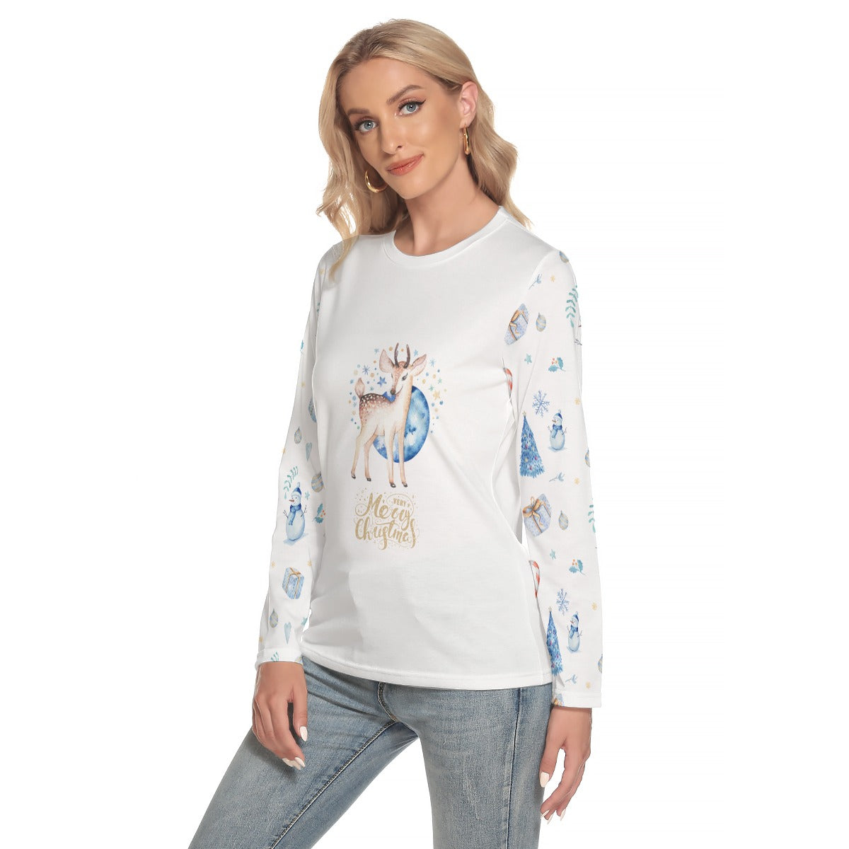 Women's Long Sleeve Christmas T-shirt - Blue Reindeer