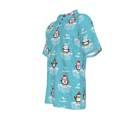 Men's Short Sleeve Christmas Polo Shirt - Icy Penguins