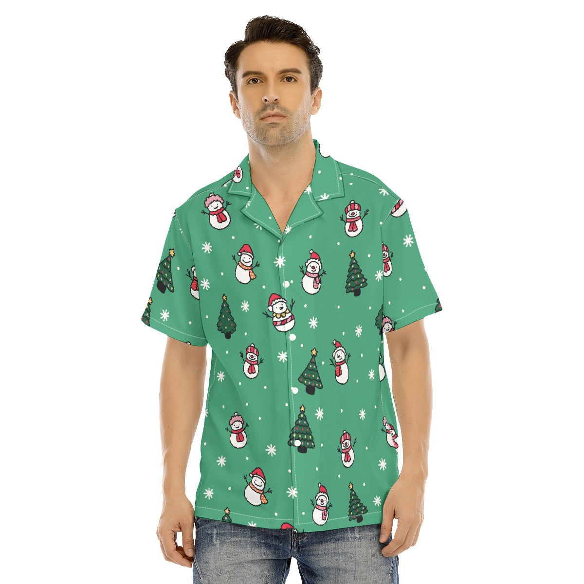 Men's Short Sleeve Christmas Shirt - Green Snowman