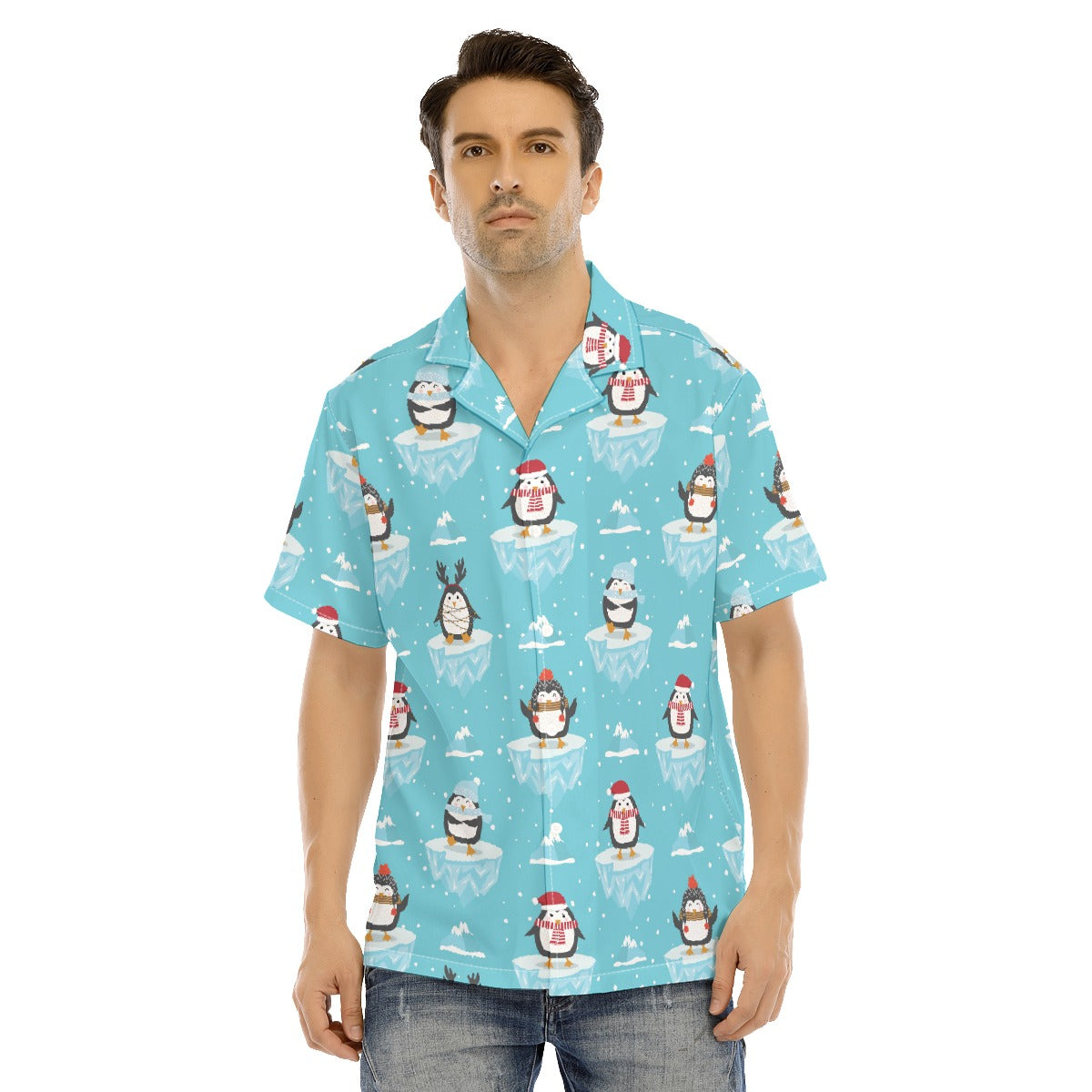 Men's Short Sleeve Christmas Shirt - Icy Penguins