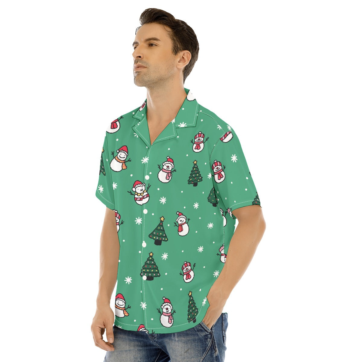 Men's Short Sleeve Christmas Shirt - Green Snowman