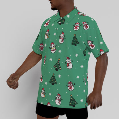 Men's Short Sleeve Christmas Polo Shirt- Green Snowman
