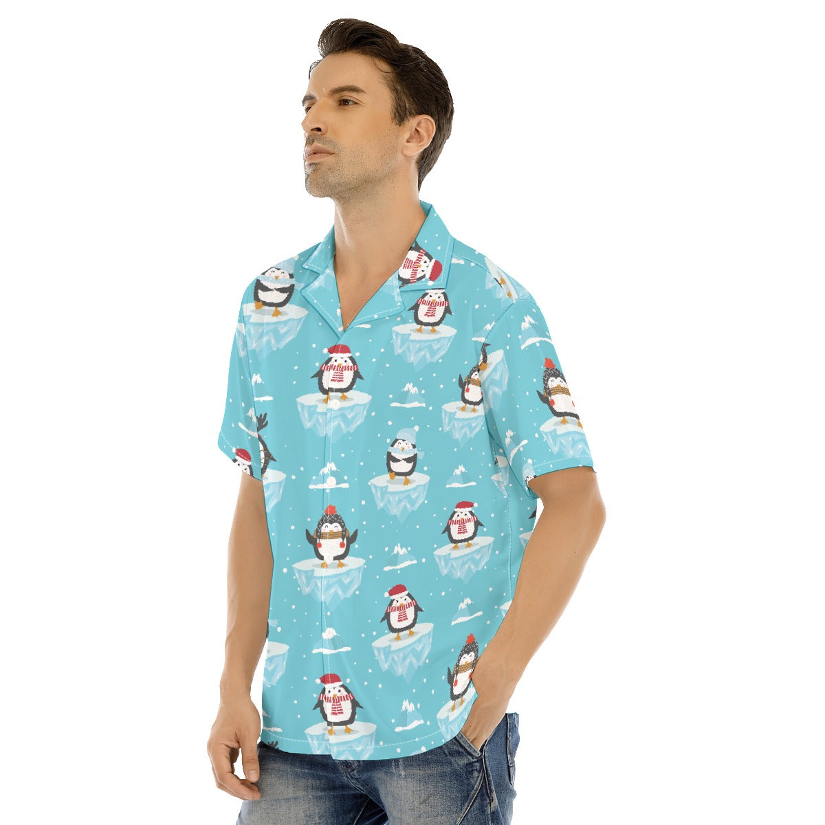Men's Short Sleeve Christmas Shirt - Icy Penguins
