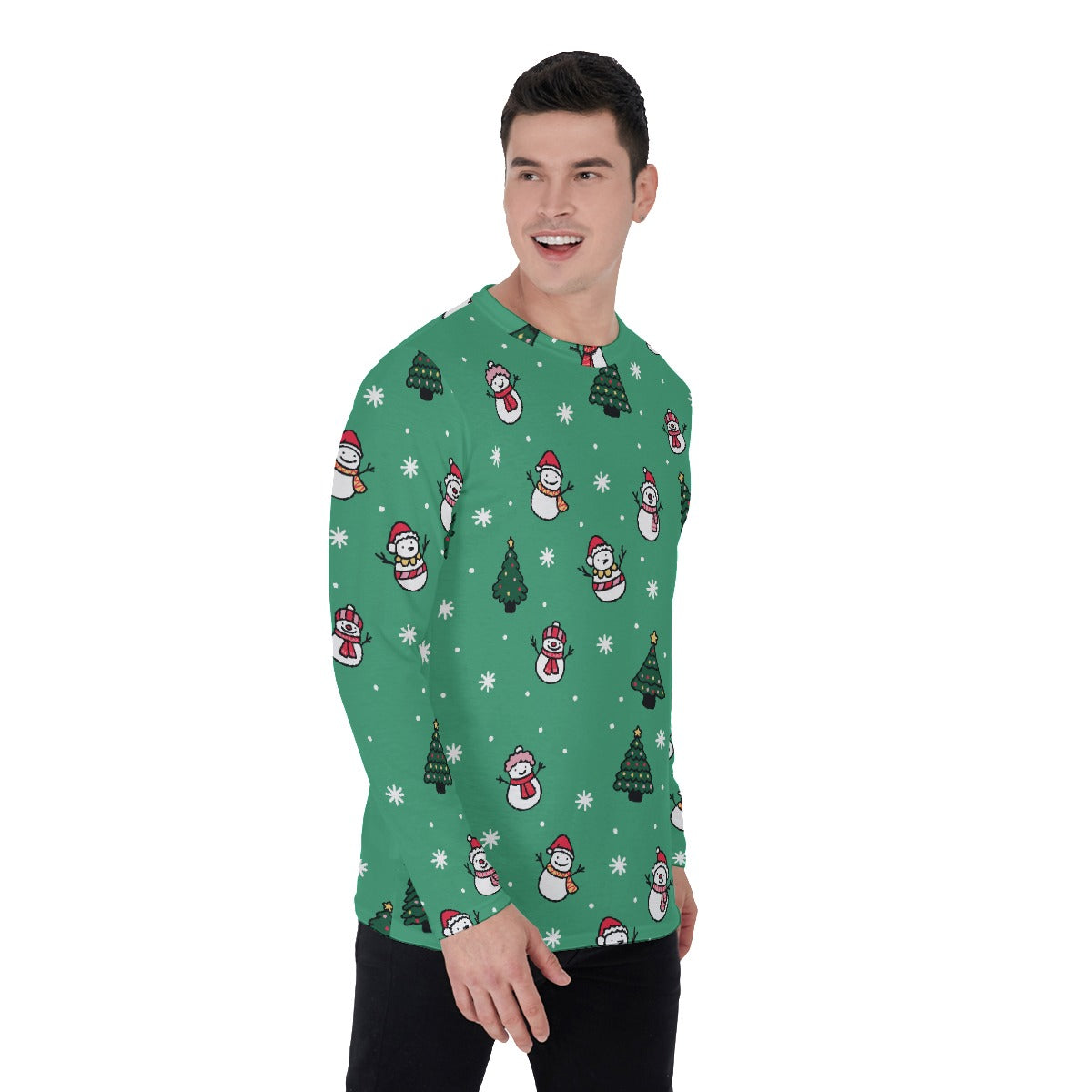 Men's Long Sleeve Christmas T-Shirt- Green Snowman