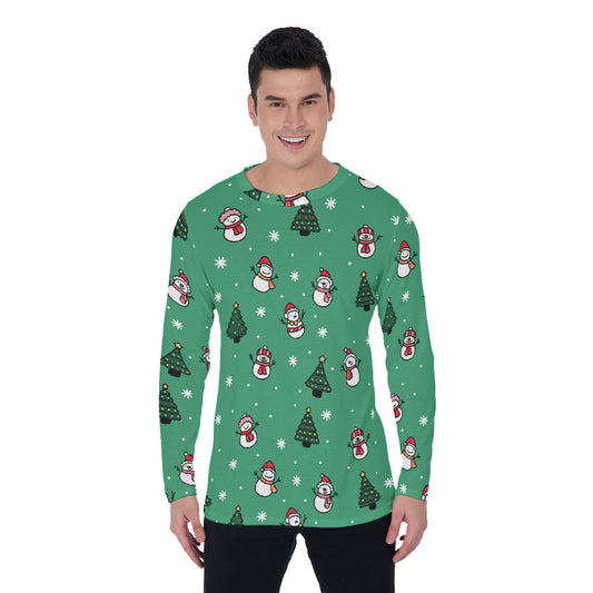 Men's Long Sleeve Christmas T-Shirt- Green Snowman