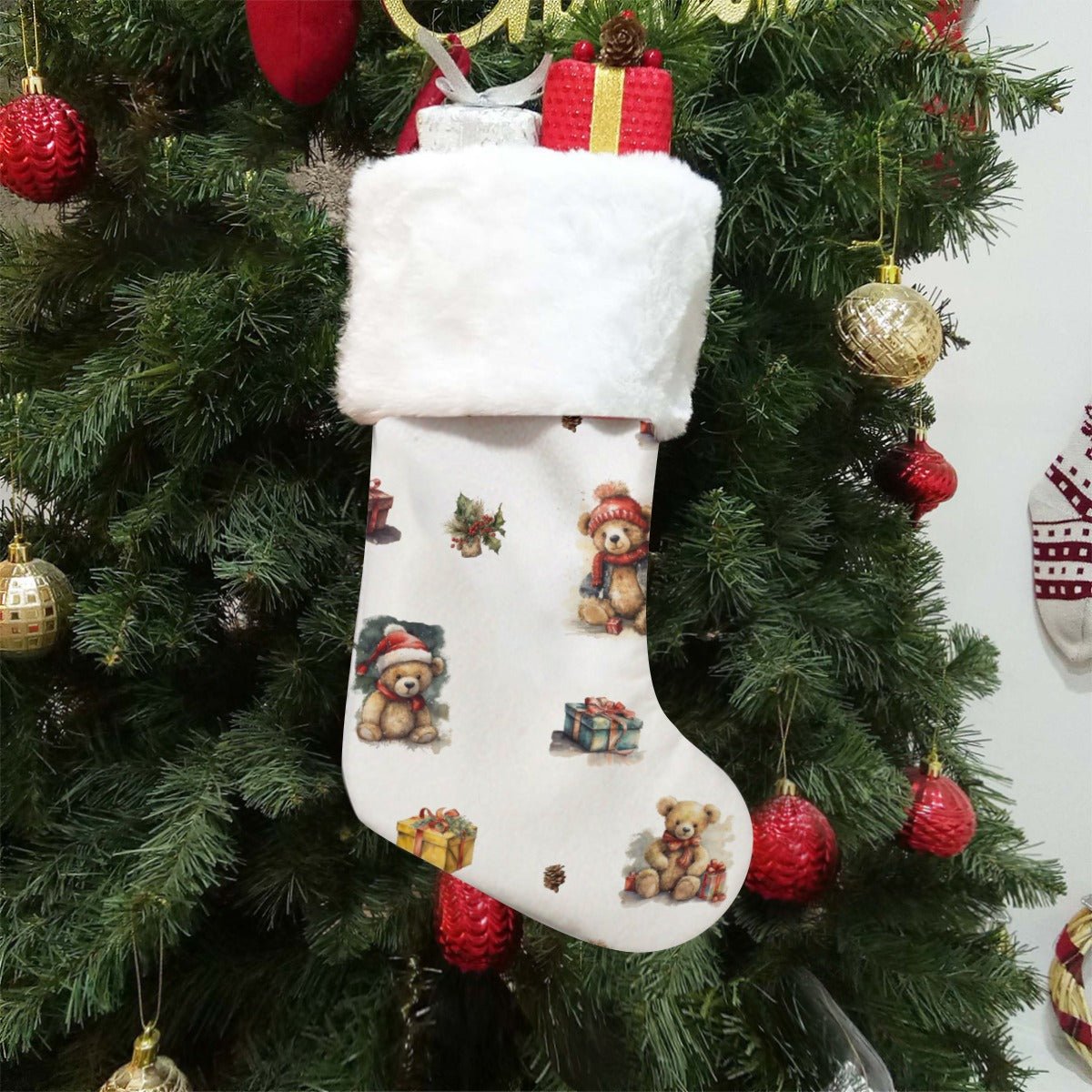 Christmas Sock - Watercolour Teddies - Festive Style