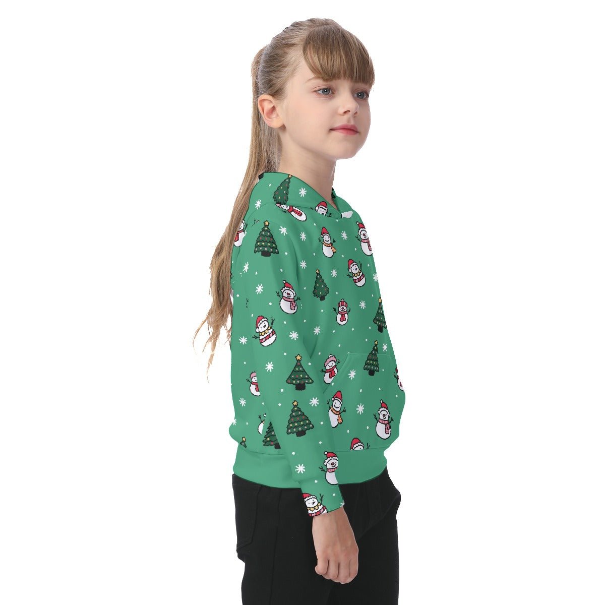 Kid's Fleece Christmas Hoodie- Green Snowman - Festive Style