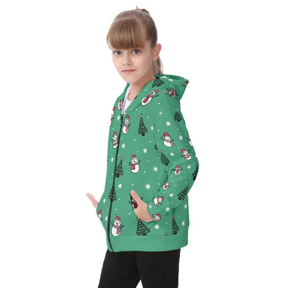 Kid's Fleece Christmas Zip Hoodie- Green Snowman - Festive Style