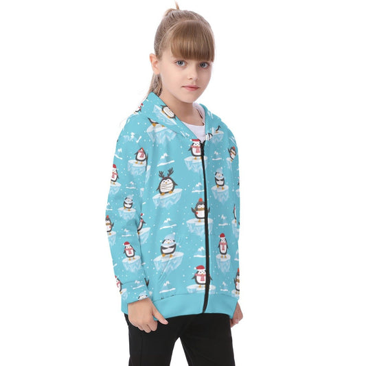 Kid's Fleece Zip Christmas Hoodie - Icy Penguins - Festive Style