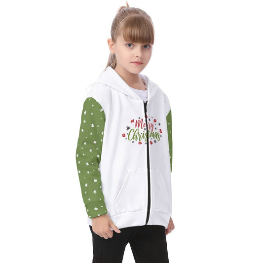 Kid's Fleece Zip Christmas Hoodie - Merry Christmas - Green Sleeves - Festive Style