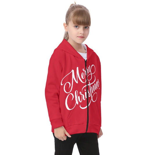 Kid's Fleece Zip Christmas Hoodie - Merry Christmas - Red - Festive Style