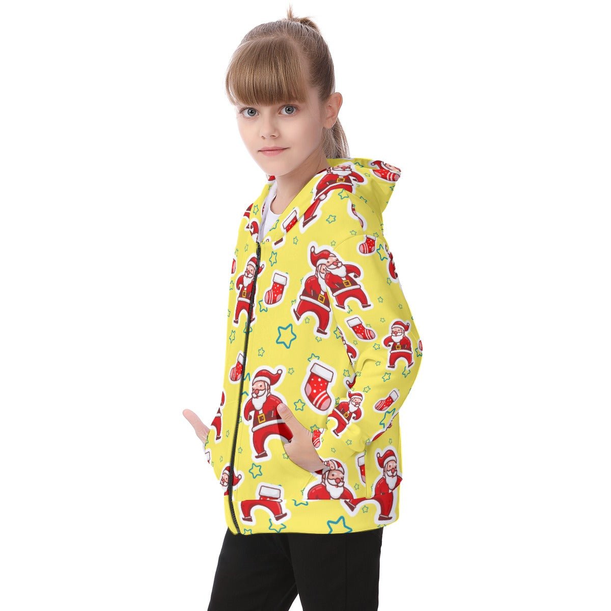Kid's Fleece Zip Christmas Hoodie - Santa and Stars - Festive Style
