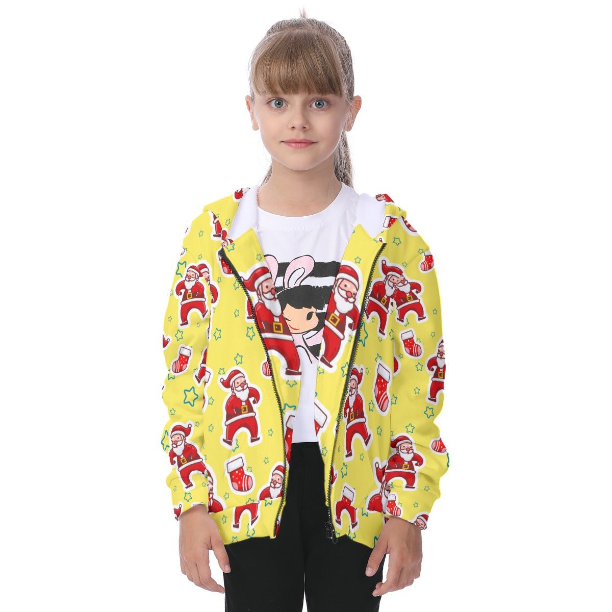 Kid's Fleece Zip Christmas Hoodie - Santa and Stars - Festive Style