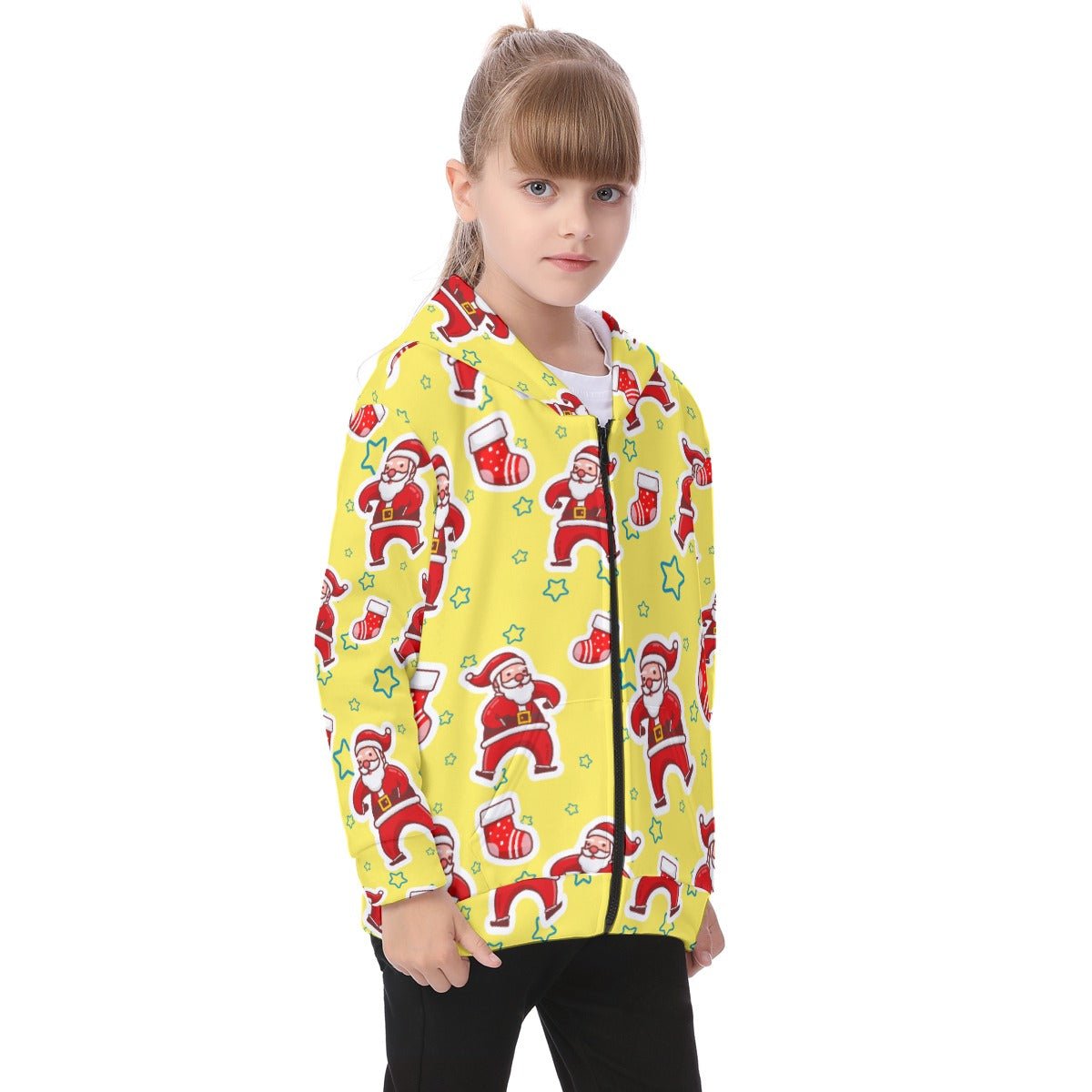 Kid's Fleece Zip Christmas Hoodie - Santa and Stars - Festive Style