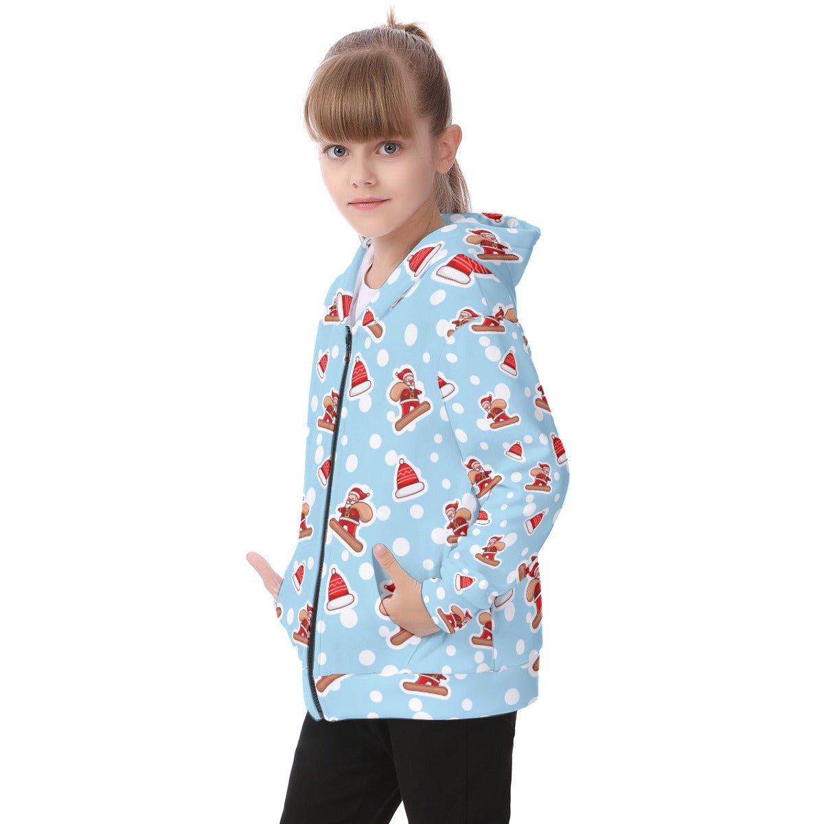 Kid's Fleece Zip Christmas Hoodie - Santa Snowboarding - Festive Style