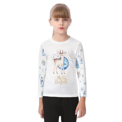Kid's Long Sleeve Christmas T-shirt - Blue Reindeer - Festive Style