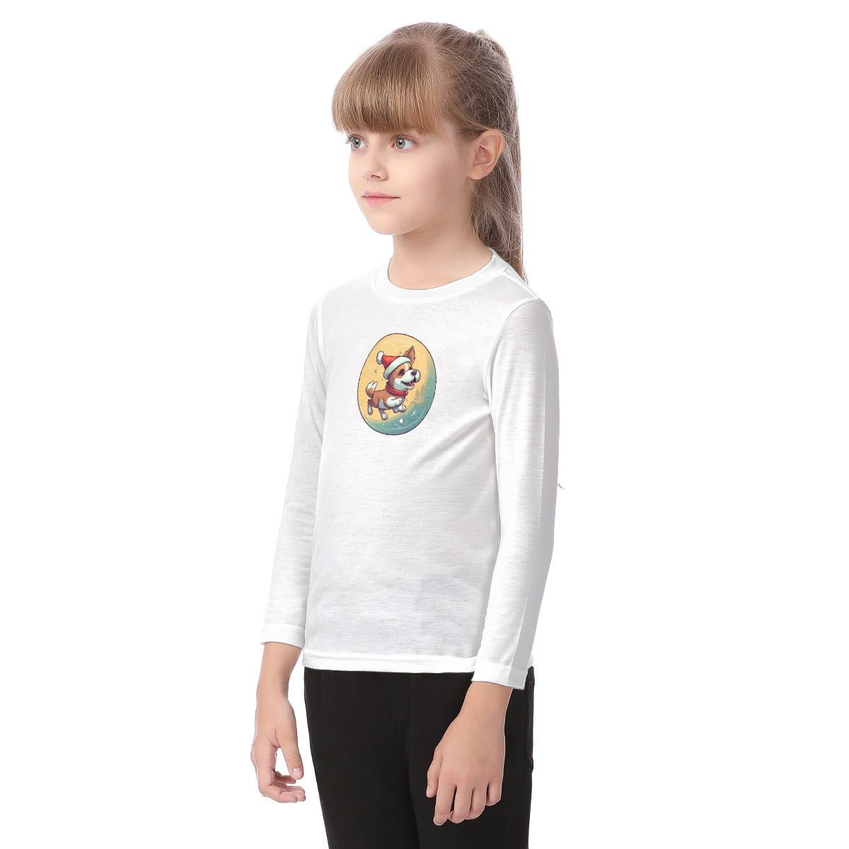 Kid's Long Sleeve Christmas T-shirt - Dog and Moon - Festive Style