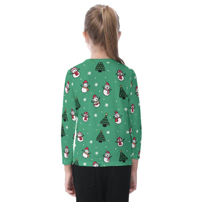 Kid's Long Sleeve Christmas T-shirt - Green Snowman - Festive Style