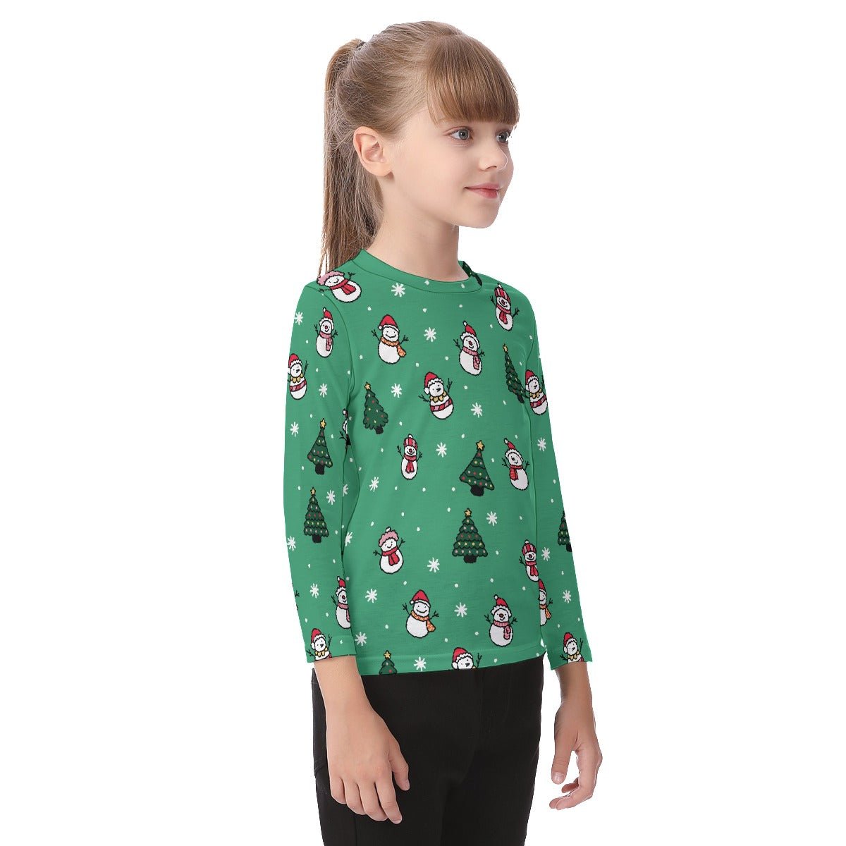 Kid's Long Sleeve Christmas T-shirt - Green Snowman - Festive Style