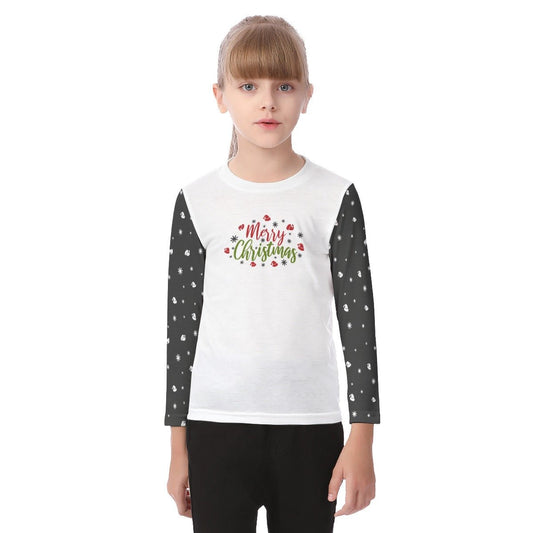 Kid's Long Sleeve Christmas T-shirt - Merry Christmas - Black Sleeves - Festive Style