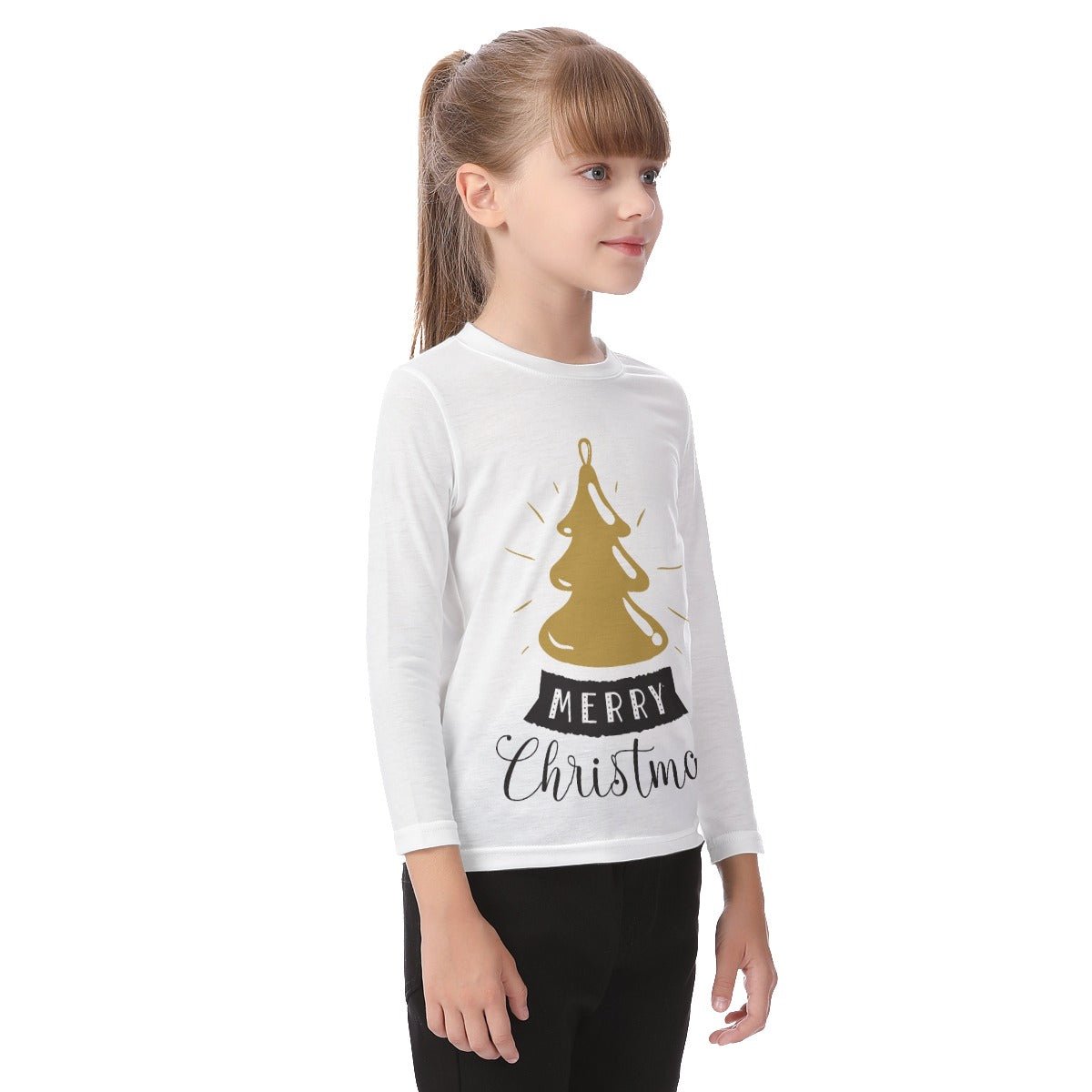 Kid's Long Sleeve Christmas T-shirt - Merry Christmas - Gold Tree - Festive Style