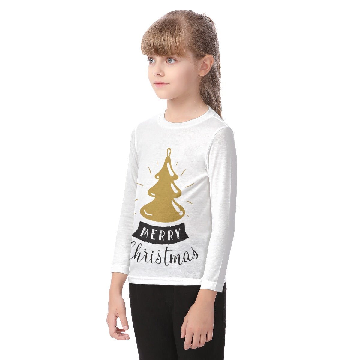 Kid's Long Sleeve Christmas T-shirt - Merry Christmas - Gold Tree - Festive Style