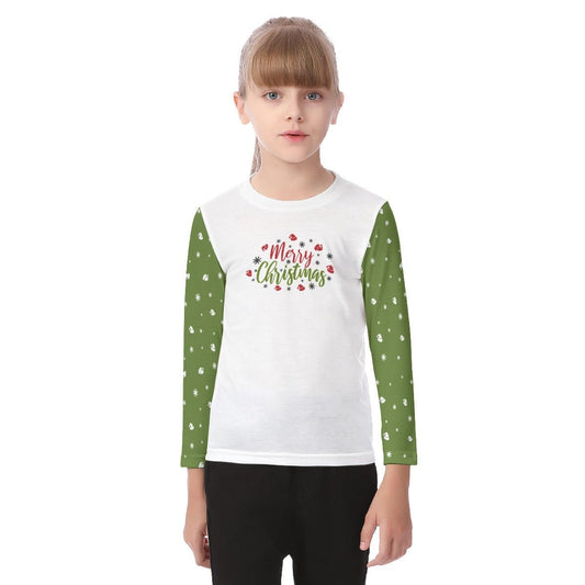 Kid's Long Sleeve Christmas T-shirt - Merry Christmas - Green Sleeves - Festive Style