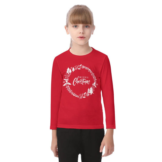 Kid's Long Sleeve Christmas T-shirt - Simple Wreath - White - Festive Style