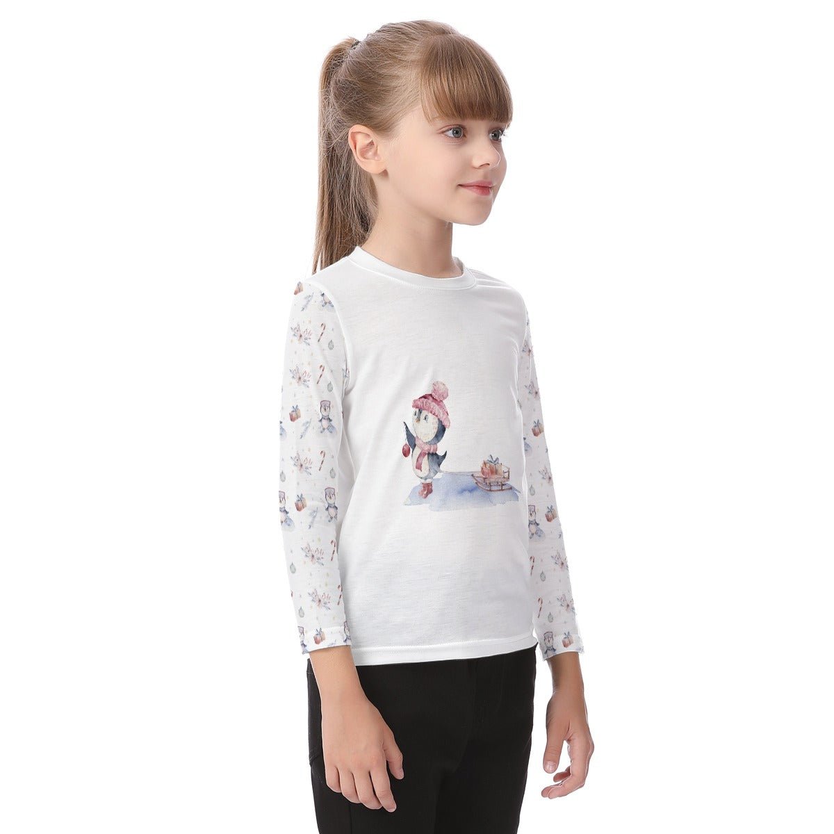 Kid's Long Sleeve Christmas T-shirt - Skating Penguin - Festive Style