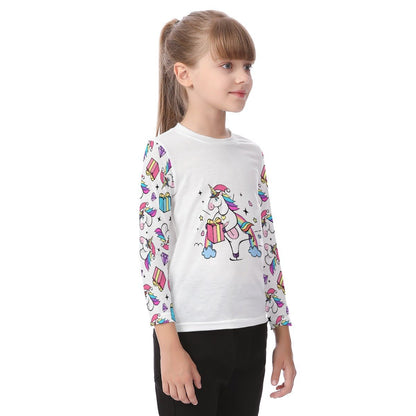 Kid's Long Sleeve Christmas T-shirt - Unicorn with Present - Festive Style