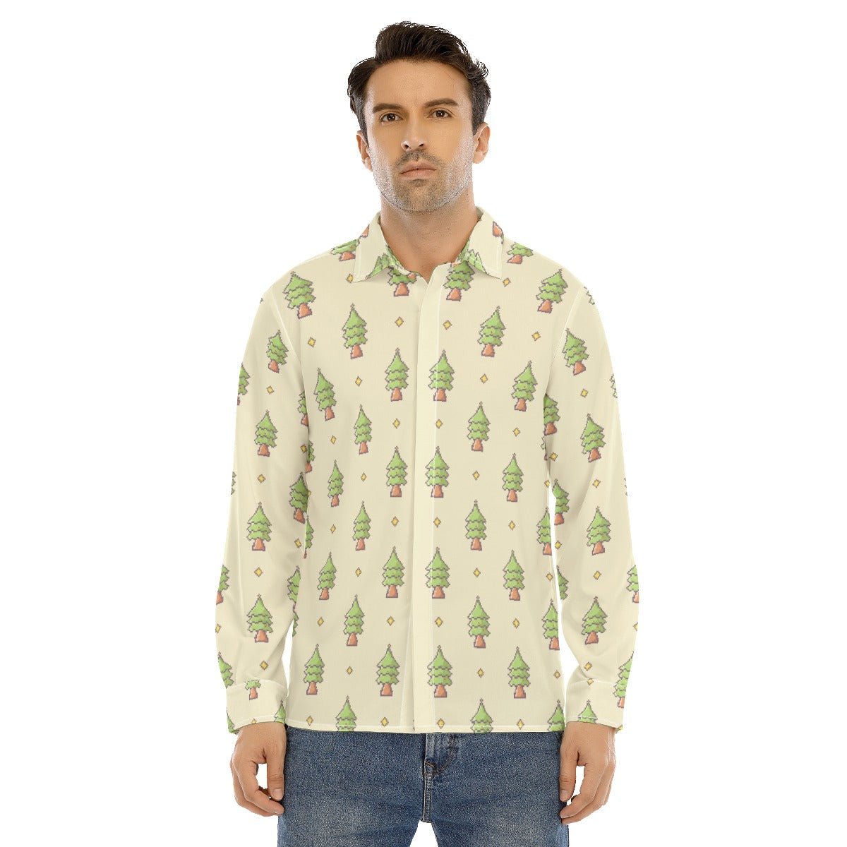 Men's Collar Christmas Shirt- 16-Bit Christmas Trees - Festive Style