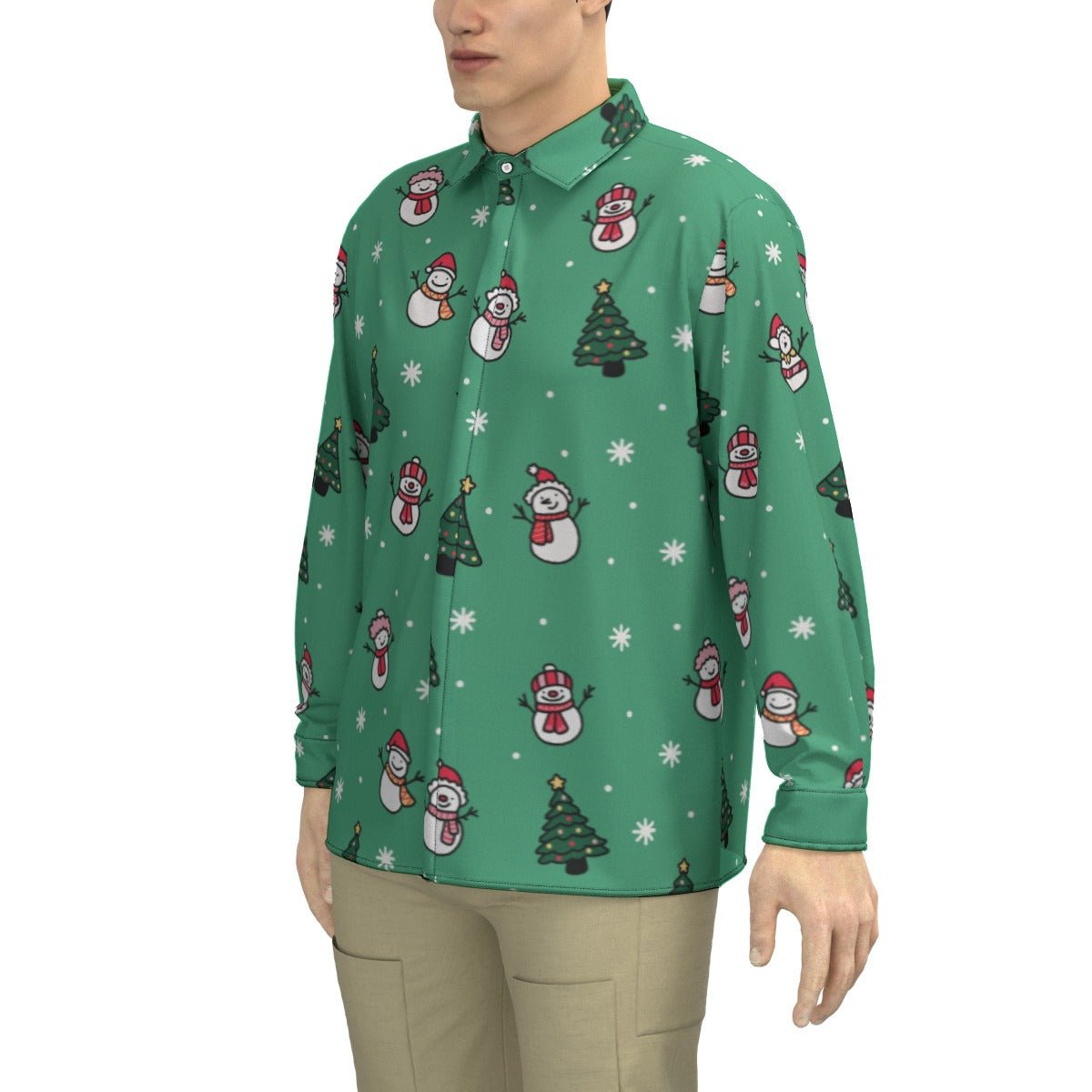 Men's Collar Christmas Shirt - Green Snowman - Festive Style