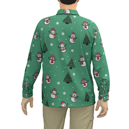 Men's Collar Christmas Shirt - Green Snowman - Festive Style