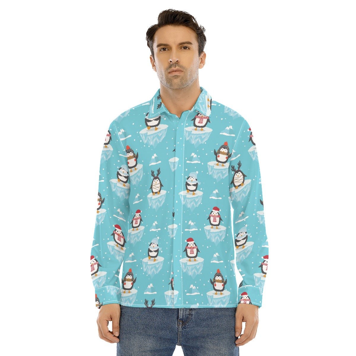 Men's Collar Christmas Shirt - Icy Penguins - Festive Style