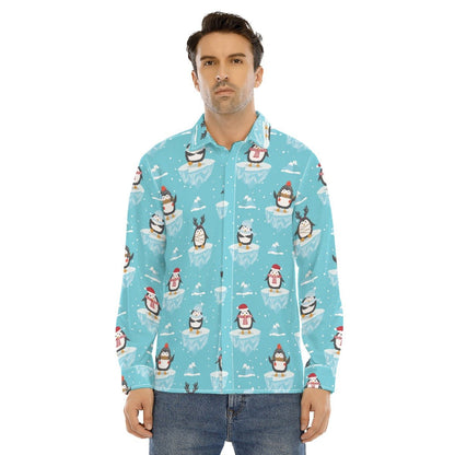 Men's Collar Christmas Shirt - Icy Penguins - Festive Style