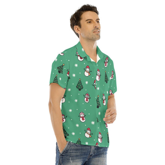 Men's Collar Short Sleeve Christmas Shirt- Green Snowman - Festive Style