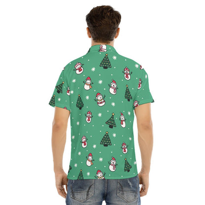 Men's Collar Short Sleeve Christmas Shirt- Green Snowman - Festive Style