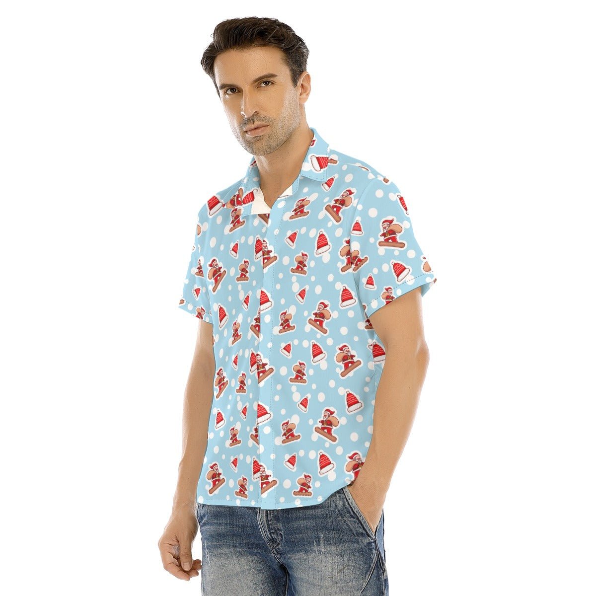 Men's Collar Short Sleeve Christmas Shirt - Santa Snowboarding - Festive Style