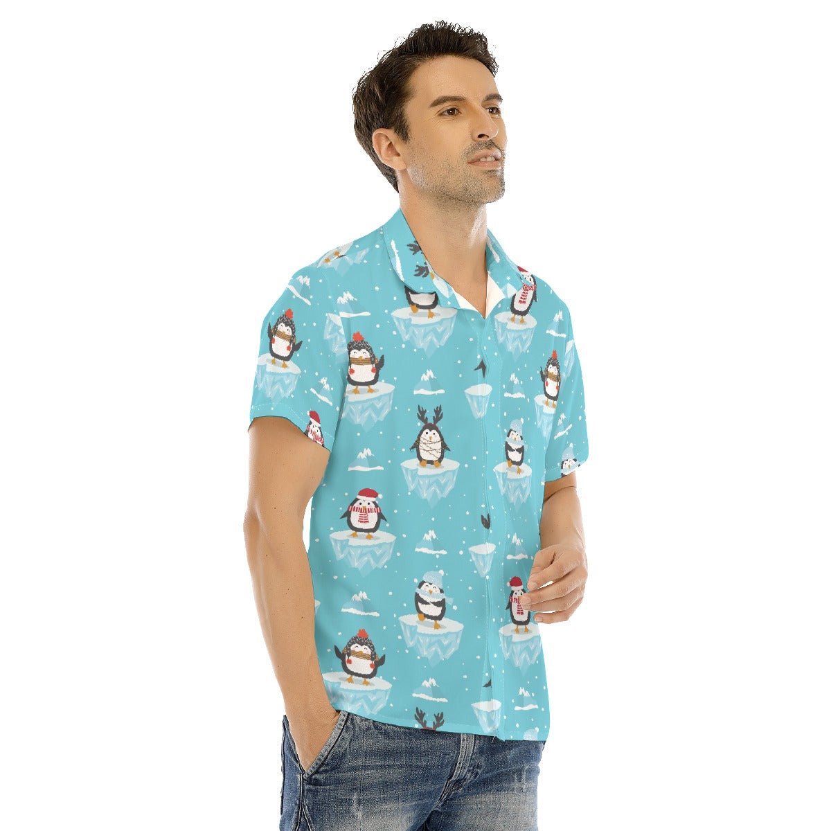 Men's Collar Short Sleeve Shirt - Icy Penguins - Festive Style