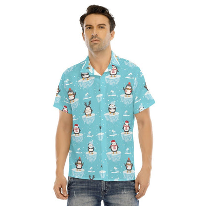 Men's Collar Short Sleeve Shirt - Icy Penguins - Festive Style
