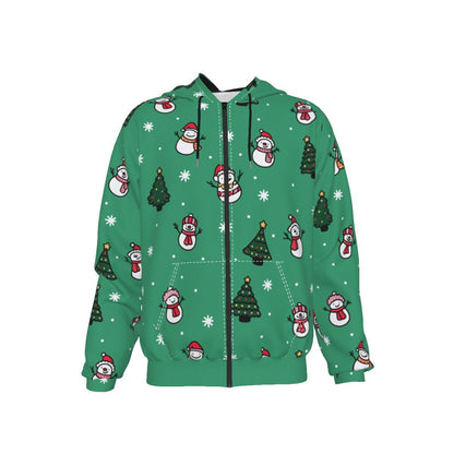 Men's Fleece Christmas Zip Hoodie- Green Snowman - Festive Style