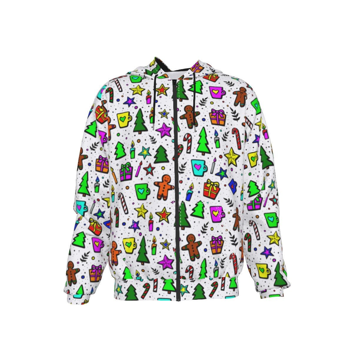 Men's Fleece Zip Christmas Hoodie - Bright Doodle - Festive Style