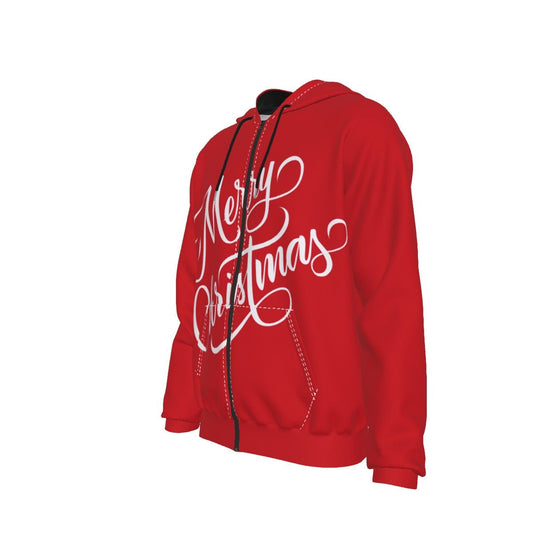 Men's Fleece Zip Christmas Hoodie - Merry Christmas - Red - Festive Style