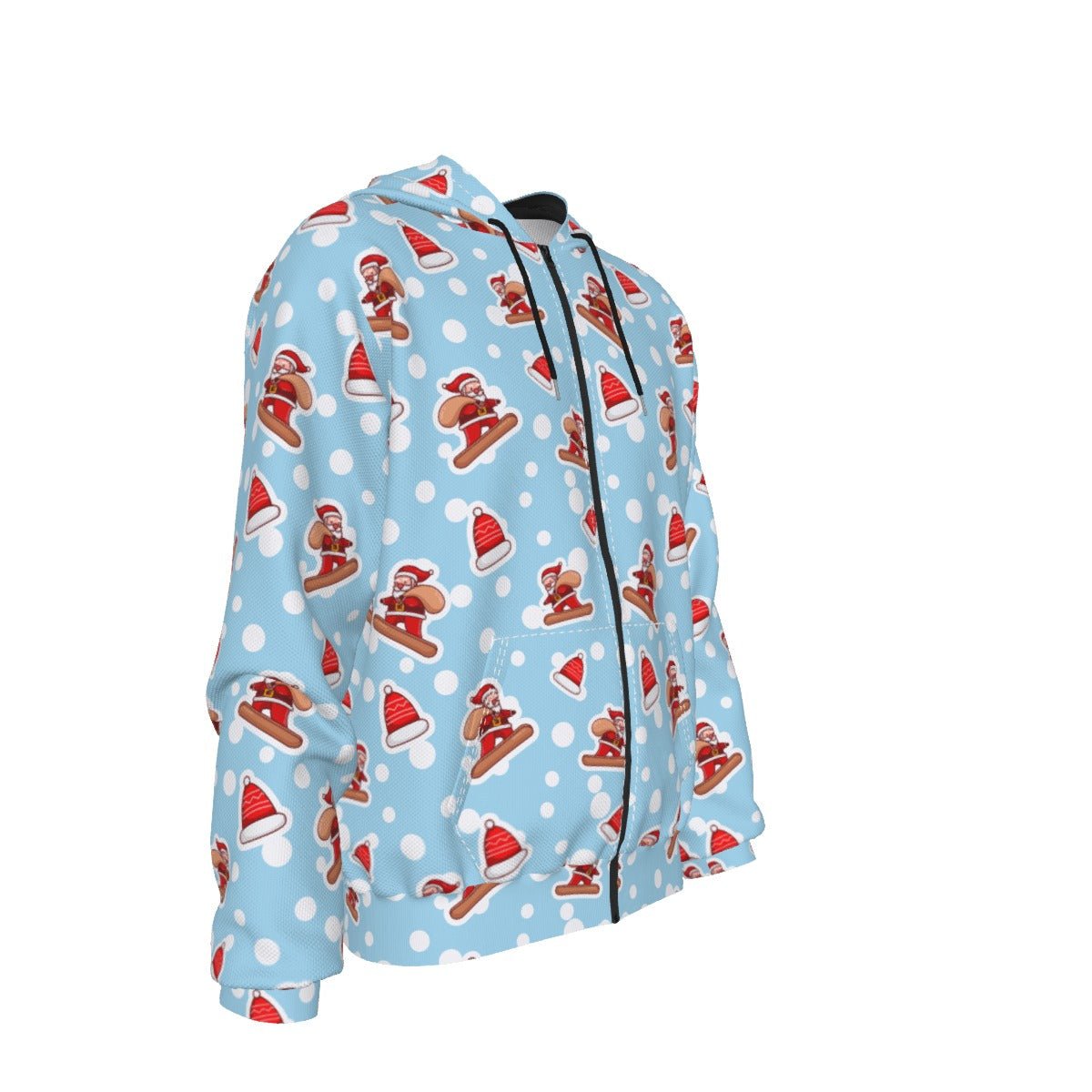 Men's Fleece Zip Christmas Hoodie - Santa Snowboarding - Festive Style