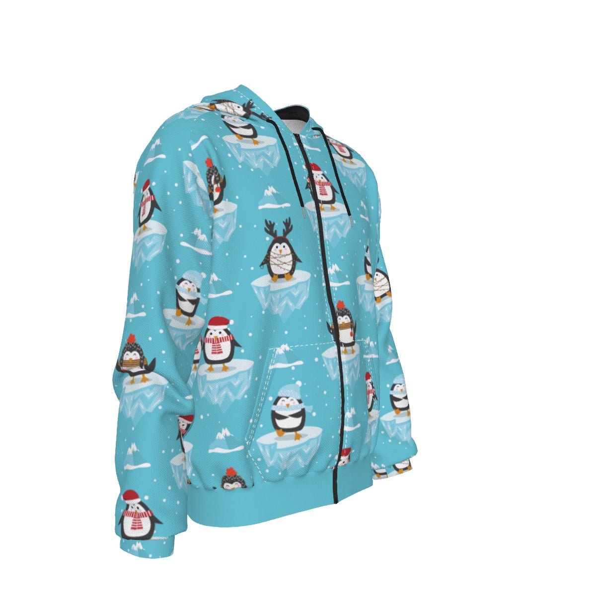 Men's Fleece Zip Up Christmas Hoodie - Icy Penguins - Festive Style