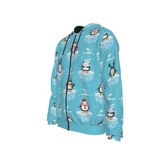 Men's Fleece Zip Up Christmas Hoodie - Icy Penguins - Festive Style