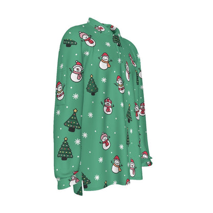 Men's Long Sleeve Christmas Polo Shirt- Green Snowman - Festive Style