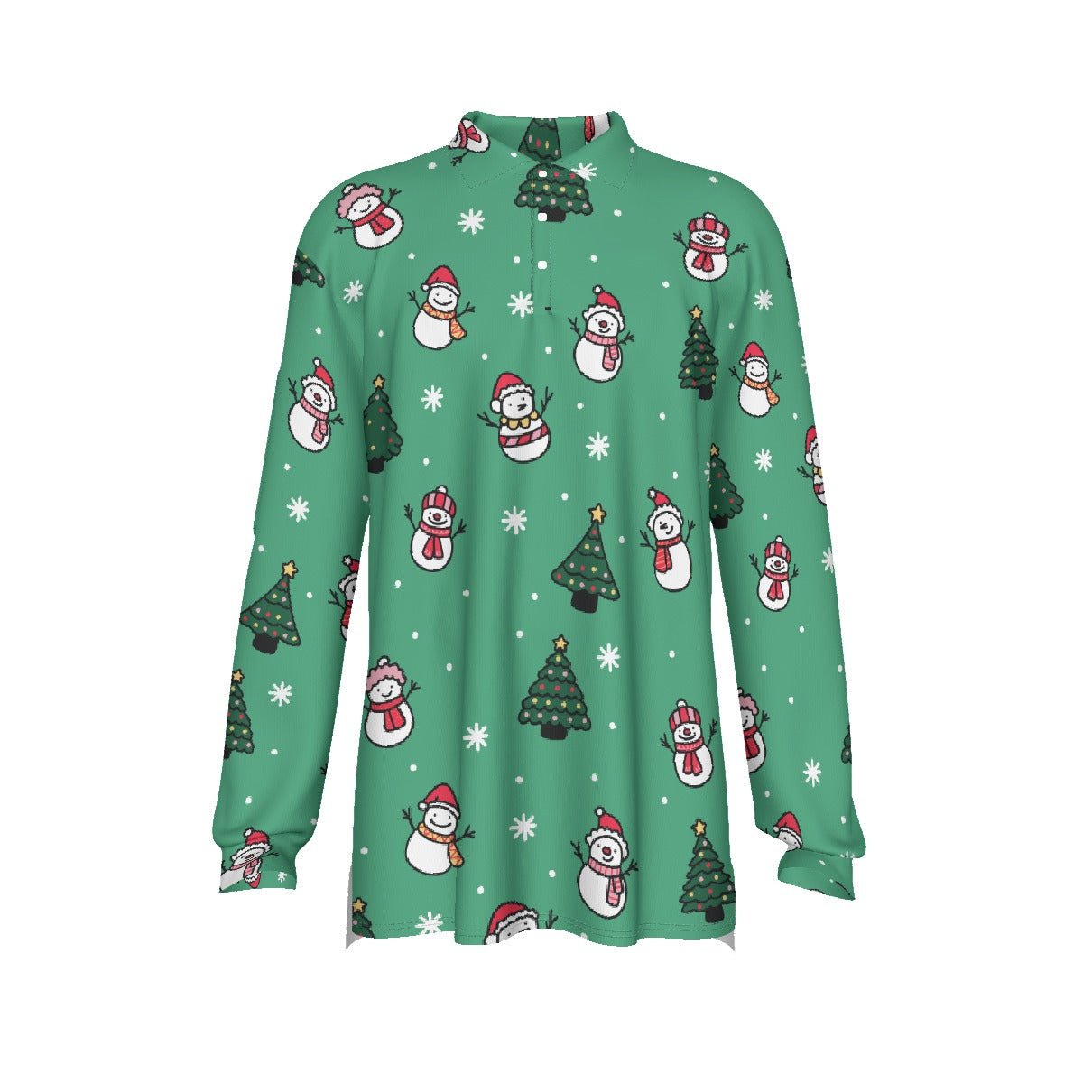 Men's Long Sleeve Christmas Polo Shirt- Green Snowman - Festive Style