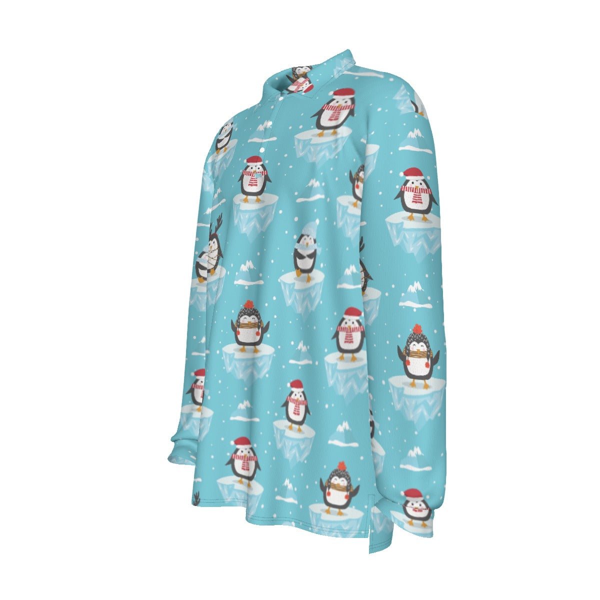 Men's Long Sleeve Christmas Polo Shirt - Icy Penguins - Festive Style