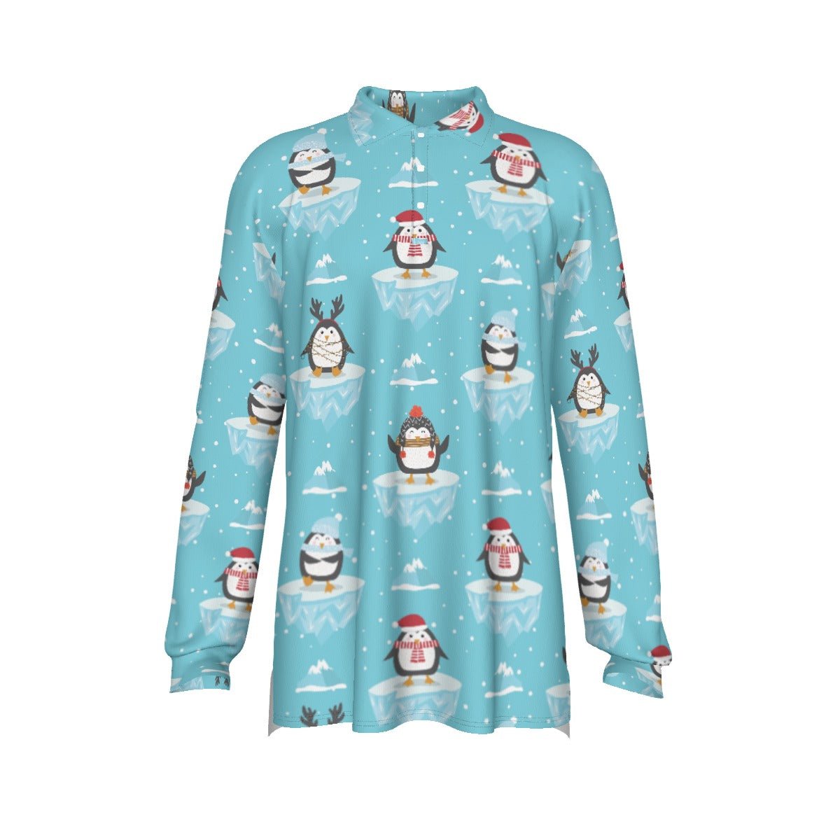 Men's Long Sleeve Christmas Polo Shirt - Icy Penguins - Festive Style